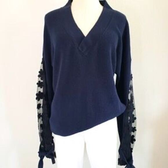 French Connection Navy V-Neck Sweater Lace Bell Sleeve Tie Top M Romantic Hobo - Picture 2 of 14